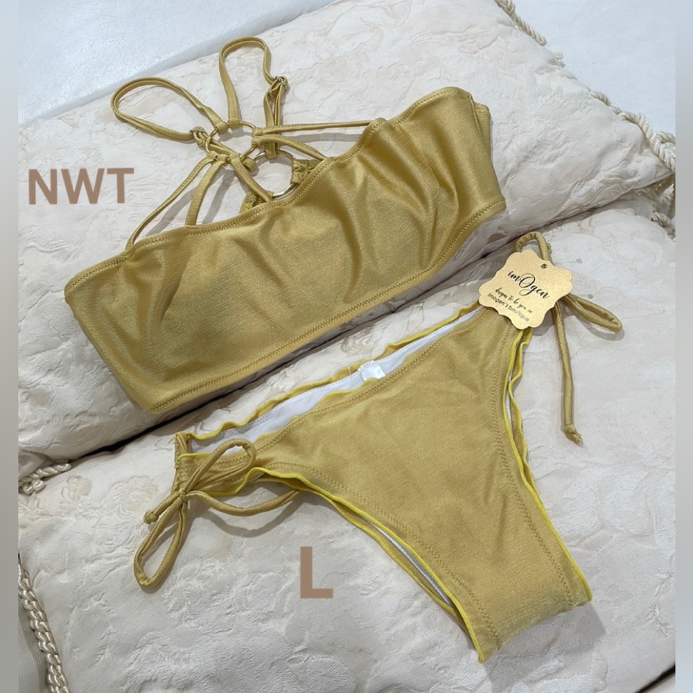 NWT gold O ring side tie luxe satin lined bikini yellow ruffle trim cheekini tie